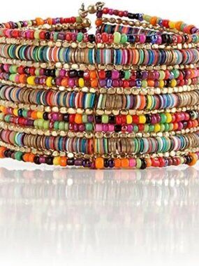 Boho Cuff Bracelet with Colorful Glass Seed Beads, Gold Accents and Heishi Beads
